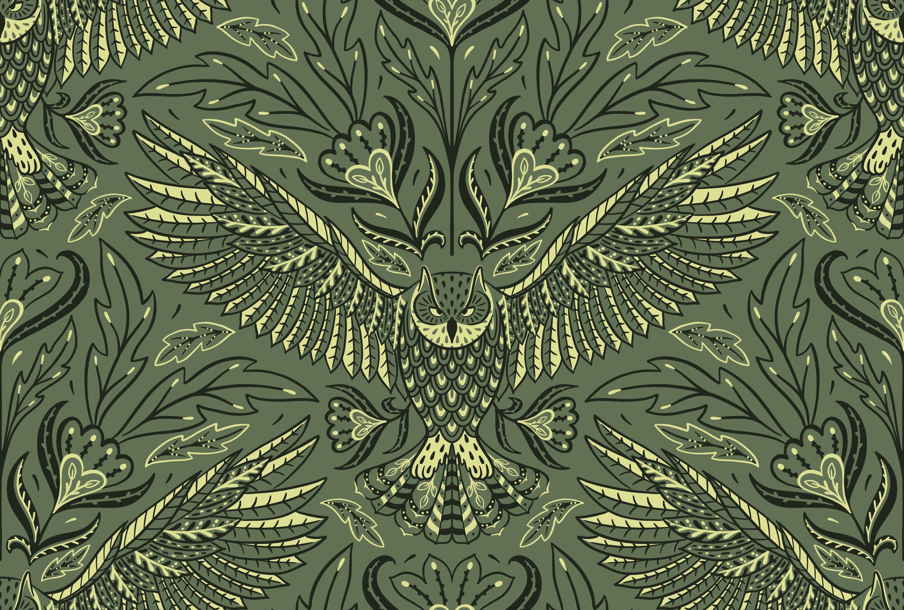 Decorative pattern with an owl design on a green background